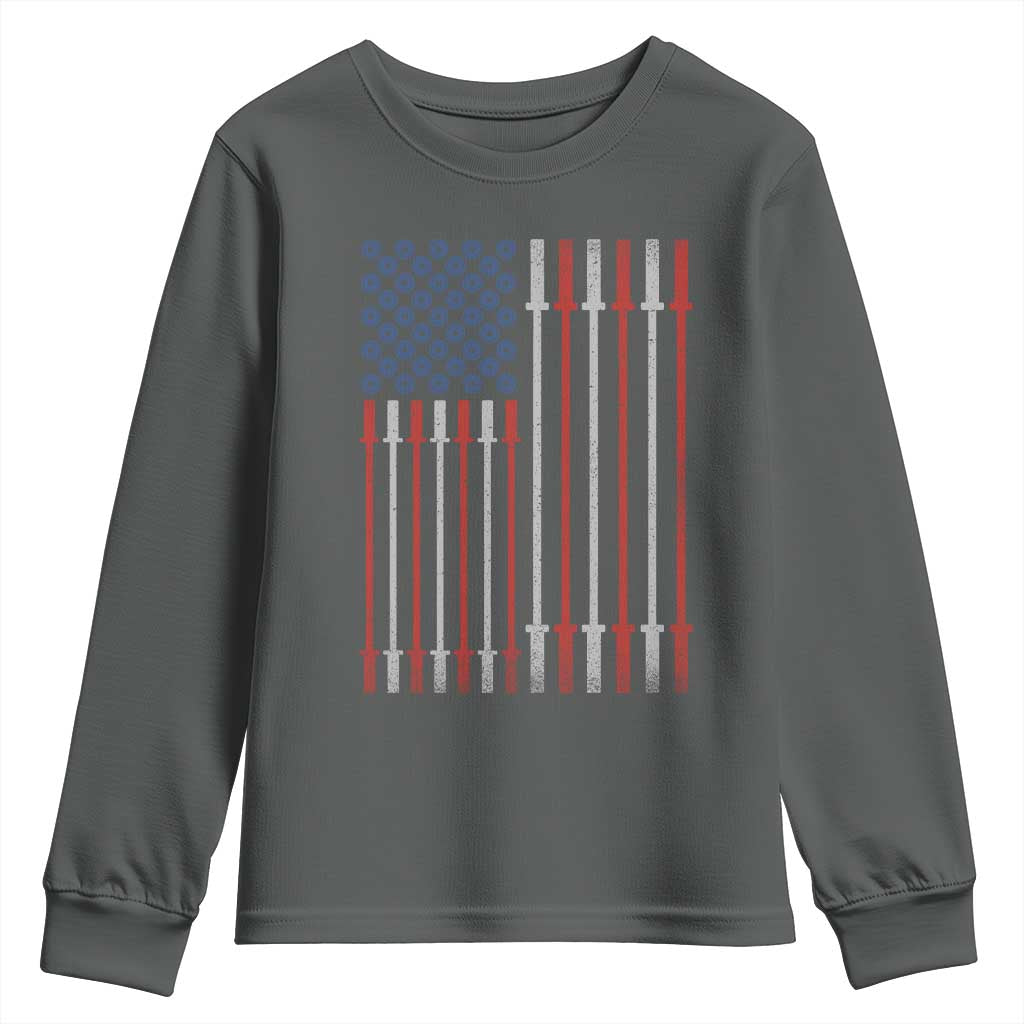 Fitness Gym Barbell Powerlifting Patriotic American Flag Youth Sweatshirt TS11 Dark Heather Print Your Wear