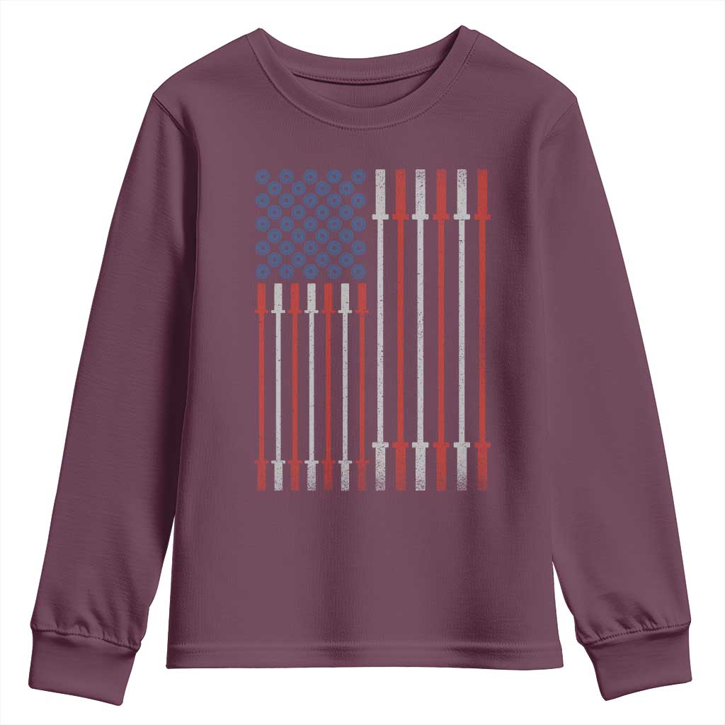 Fitness Gym Barbell Powerlifting Patriotic American Flag Youth Sweatshirt TS11 Maroon Print Your Wear