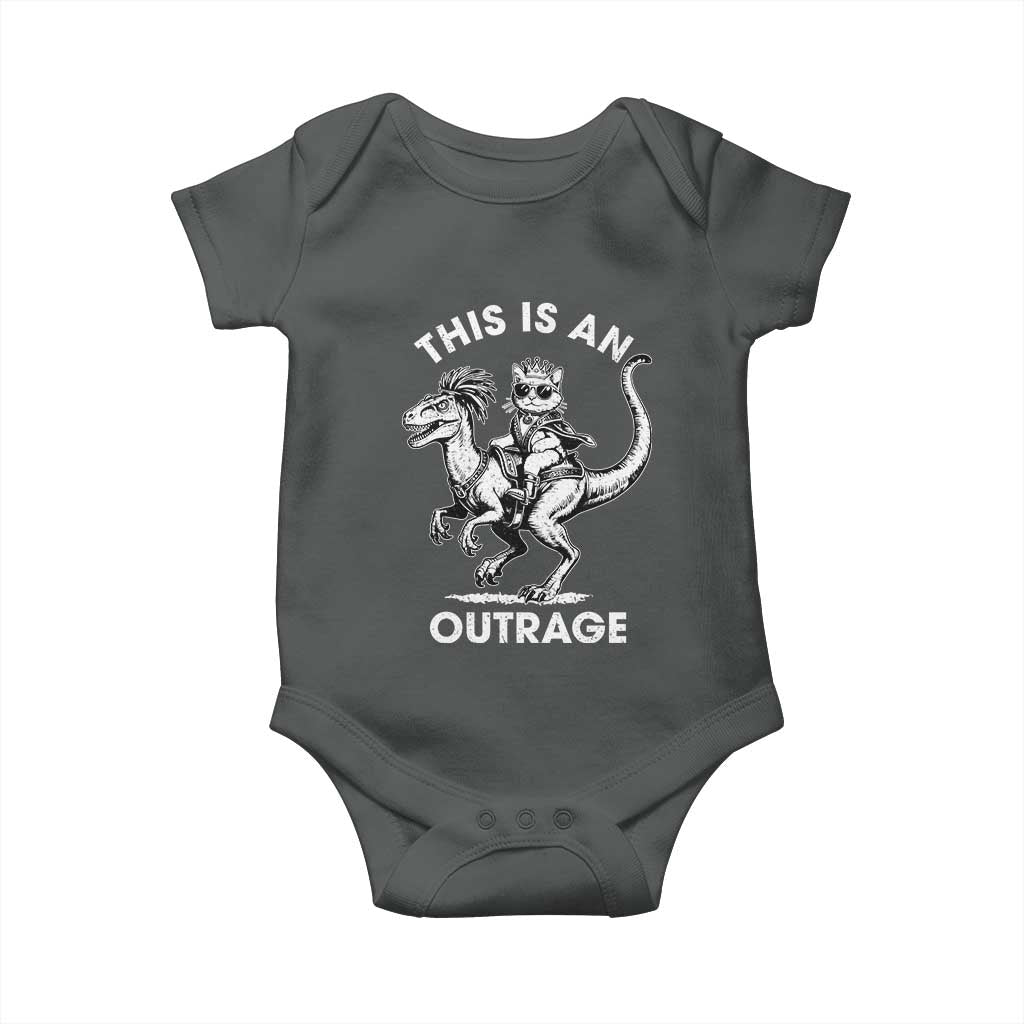 Dungeon Cat This Is An Outrage Baby Onesie Funny Princess Cat Riding Dinosaur TS11 Dark Heather Print Your Wear