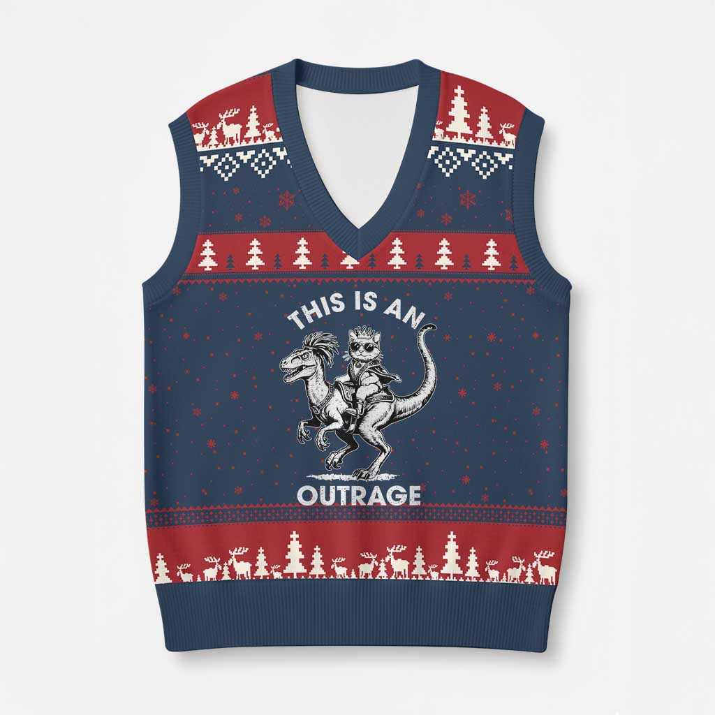 Dungeon Cat This Is An Outrage V-Neck Knit Sweater Vest Funny Princess Cat Riding Dinosaur TS11 Navy Red Print Your Wear