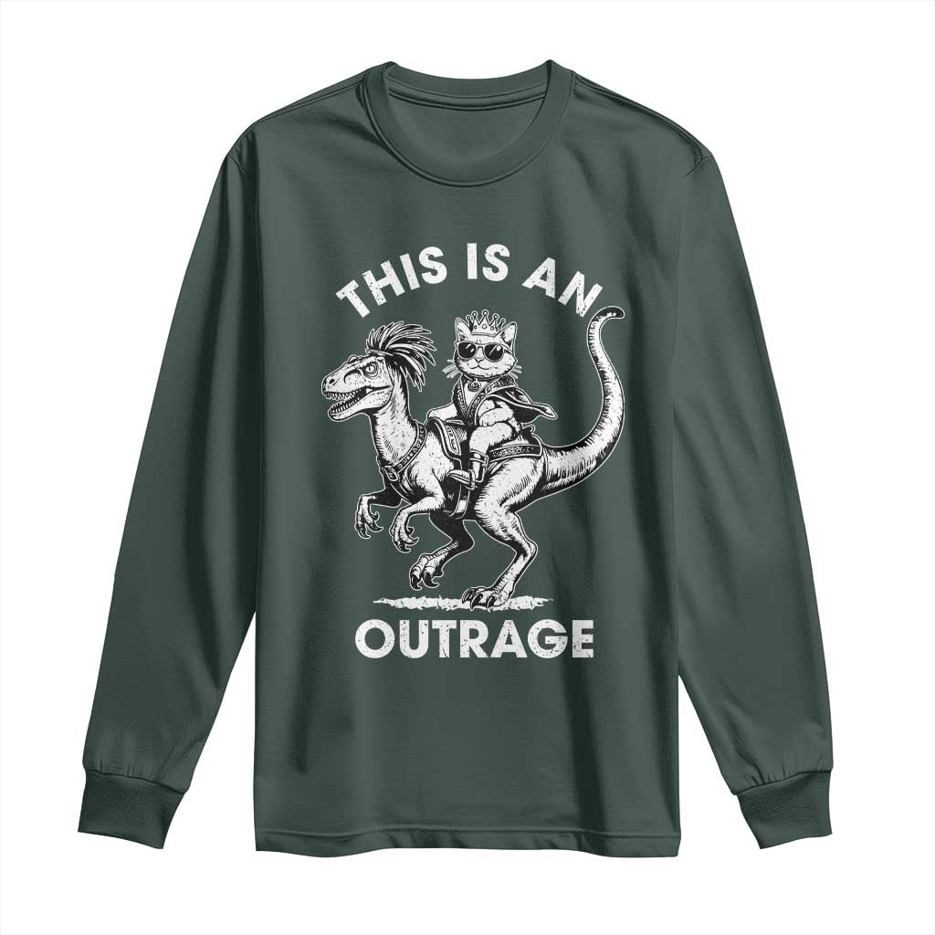 Dungeon Cat This Is An Outrage Long Sleeve Shirt Funny Princess Cat Riding Dinosaur TS11 Dark Forest Green Print Your Wear
