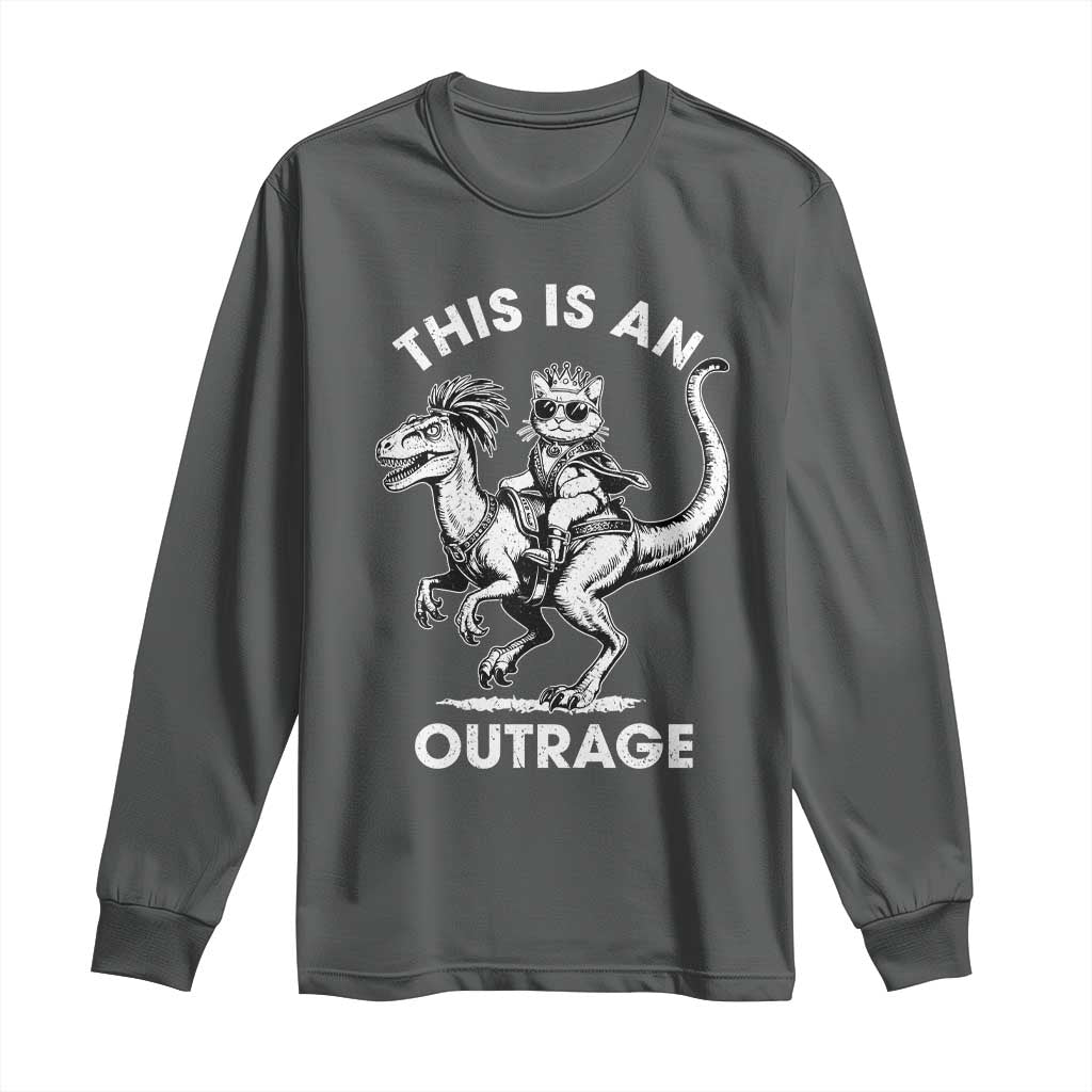 Dungeon Cat This Is An Outrage Long Sleeve Shirt Funny Princess Cat Riding Dinosaur TS11 Dark Heather Print Your Wear