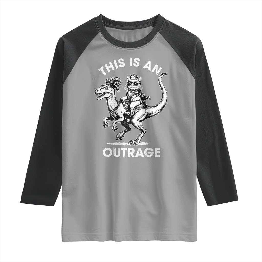Dungeon Cat This Is An Outrage Raglan Shirt Funny Princess Cat Riding Dinosaur TS11 Sport Gray Black Print Your Wear