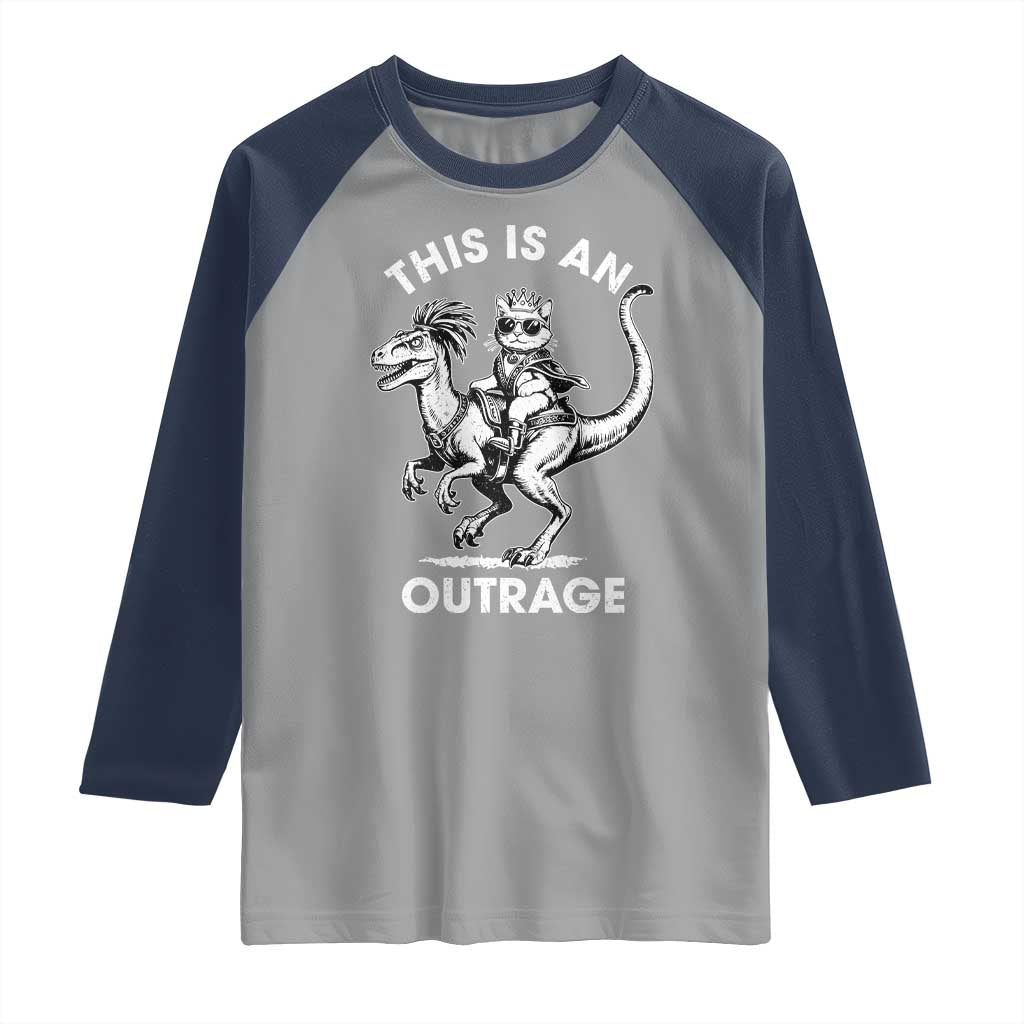 Dungeon Cat This Is An Outrage Raglan Shirt Funny Princess Cat Riding Dinosaur TS11 Sport Gray Navy Print Your Wear