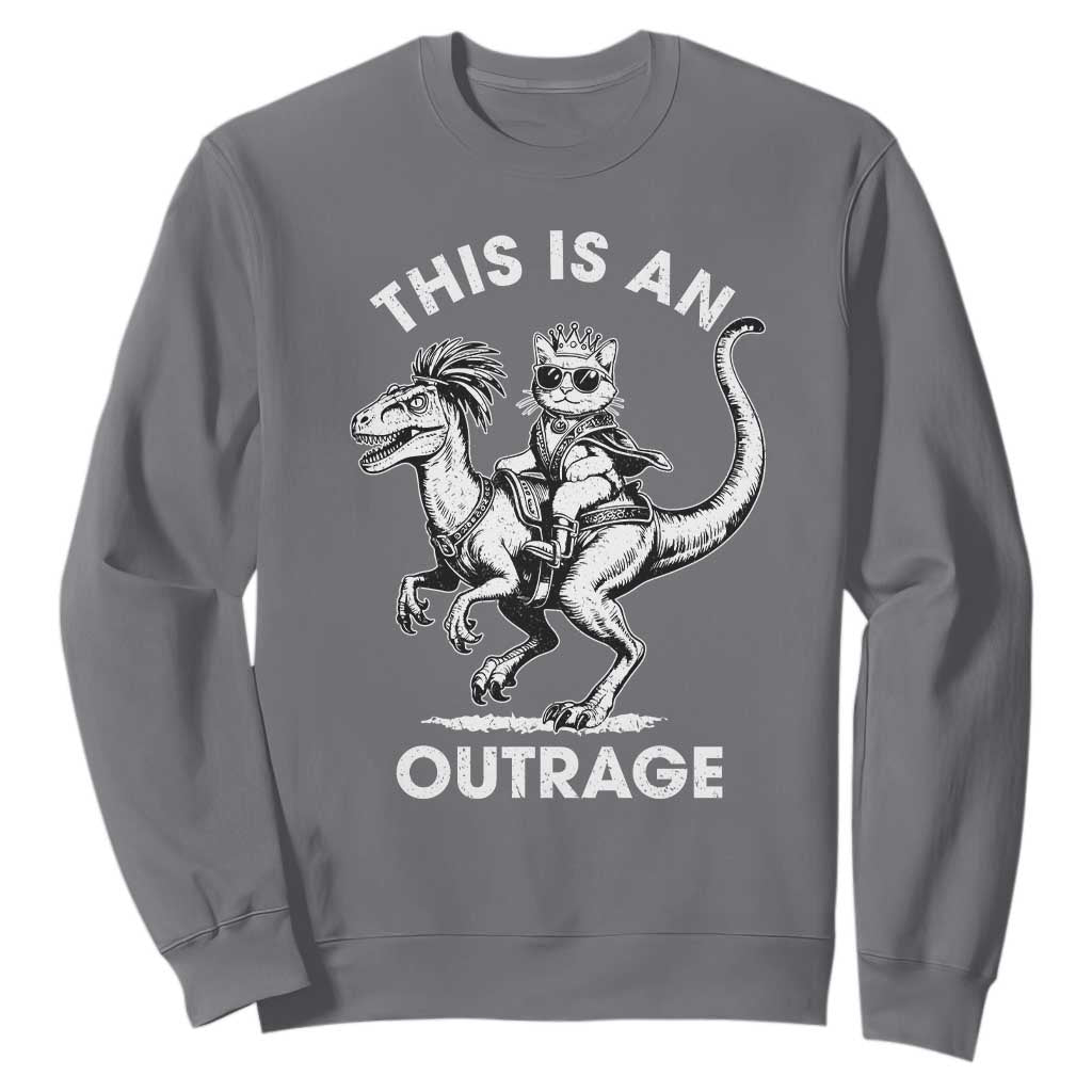 Dungeon Cat This Is An Outrage Sweatshirt Funny Princess Cat Riding Dinosaur TS11 Charcoal Print Your Wear