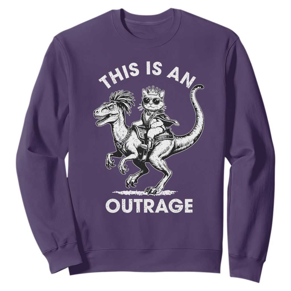 Dungeon Cat This Is An Outrage Sweatshirt Funny Princess Cat Riding Dinosaur TS11 Purple Print Your Wear