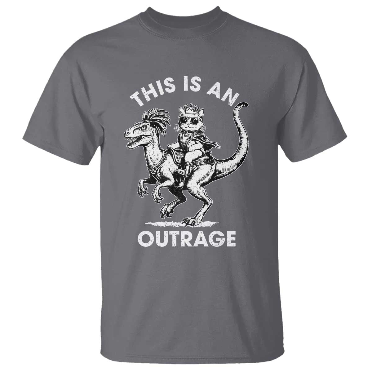 Dungeon Cat This Is An Outrage T Shirt Funny Princess Cat Riding Dinosaur TS11 Charcoal Print Your Wear