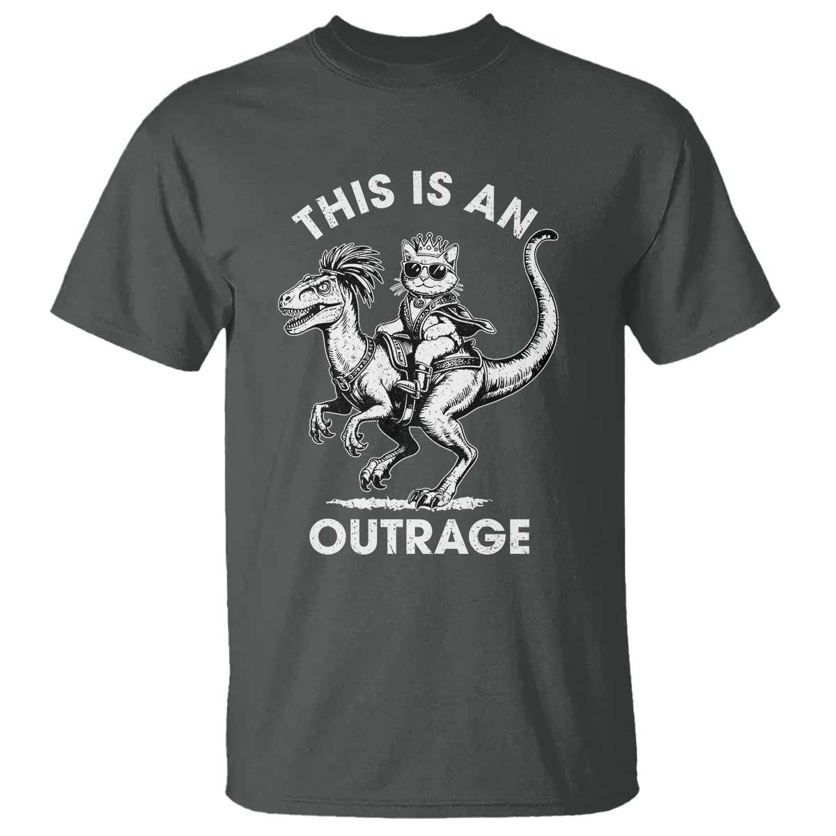Dungeon Cat This Is An Outrage T Shirt Funny Princess Cat Riding Dinosaur TS11 Dark Heather Print Your Wear