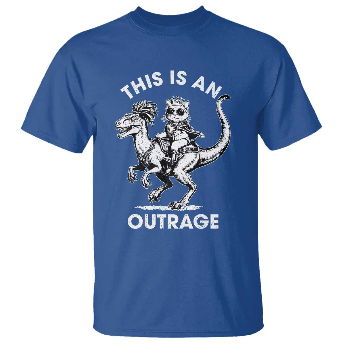 Dungeon Cat This Is An Outrage T Shirt Funny Princess Cat Riding Dinosaur TS11 Royal Blue Print Your Wear