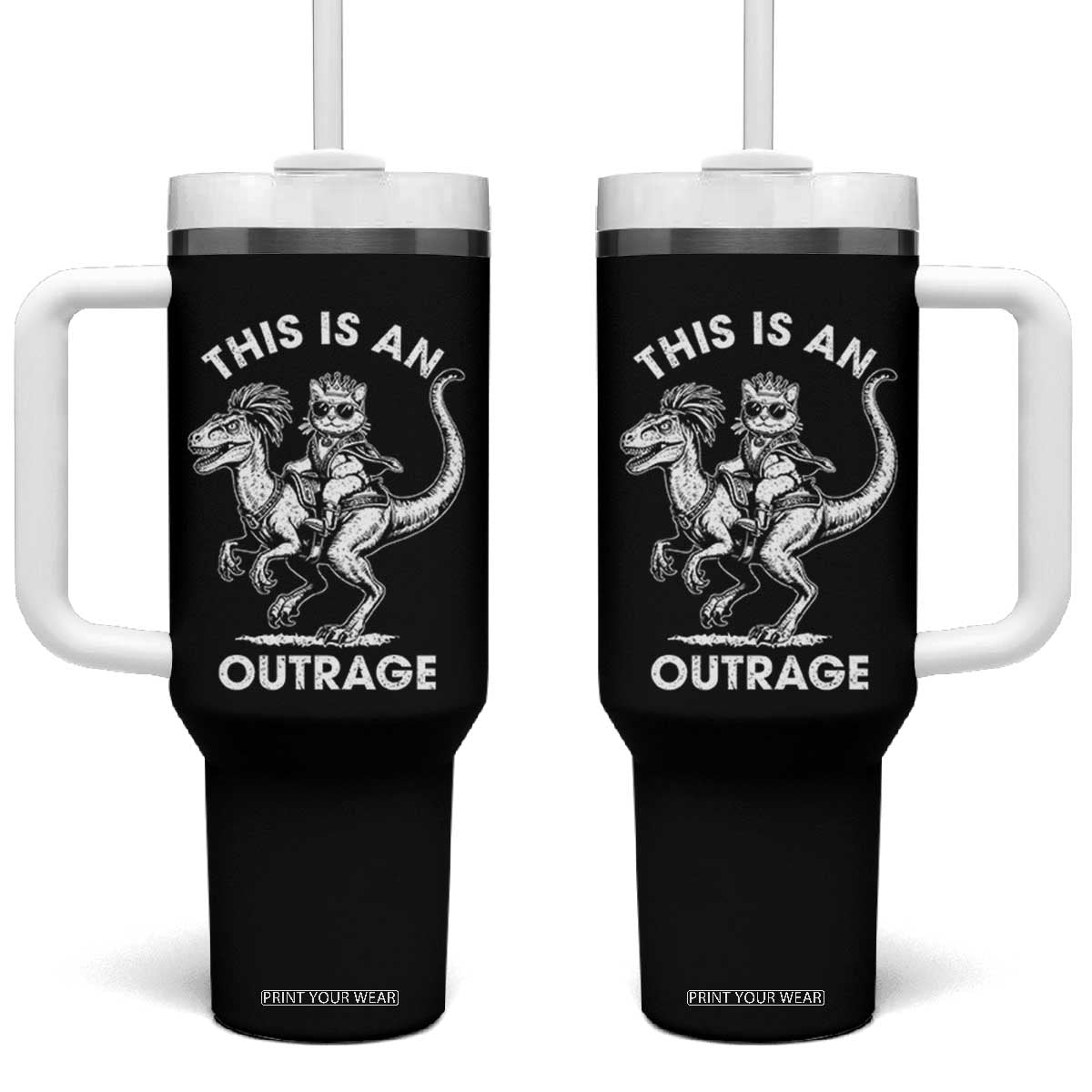 Dungeon Cat This Is An Outrage Tumbler With Handle Funny Princess Cat Riding Dinosaur TS11 One Size: 40 oz Black Print Your Wear