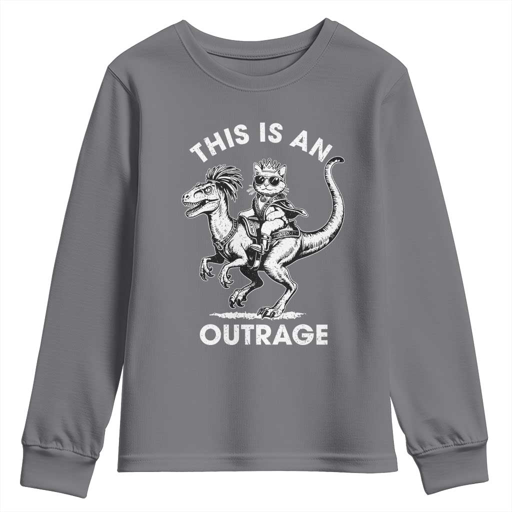 Dungeon Cat This Is An Outrage Youth Sweatshirt Funny Princess Cat Riding Dinosaur TS11 Charcoal Print Your Wear