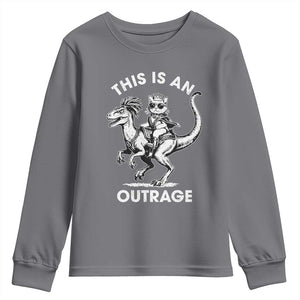 Dungeon Cat This Is An Outrage Youth Sweatshirt Funny Princess Cat Riding Dinosaur TS11 Charcoal Print Your Wear