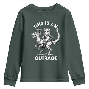 Dungeon Cat This Is An Outrage Youth Sweatshirt Funny Princess Cat Riding Dinosaur TS11 Dark Forest Green Print Your Wear