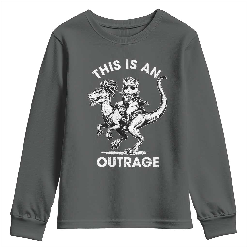 Dungeon Cat This Is An Outrage Youth Sweatshirt Funny Princess Cat Riding Dinosaur TS11 Dark Heather Print Your Wear