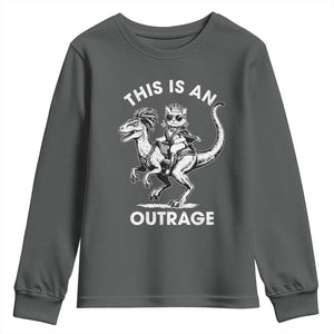 Dungeon Cat This Is An Outrage Youth Sweatshirt Funny Princess Cat Riding Dinosaur TS11 Dark Heather Print Your Wear