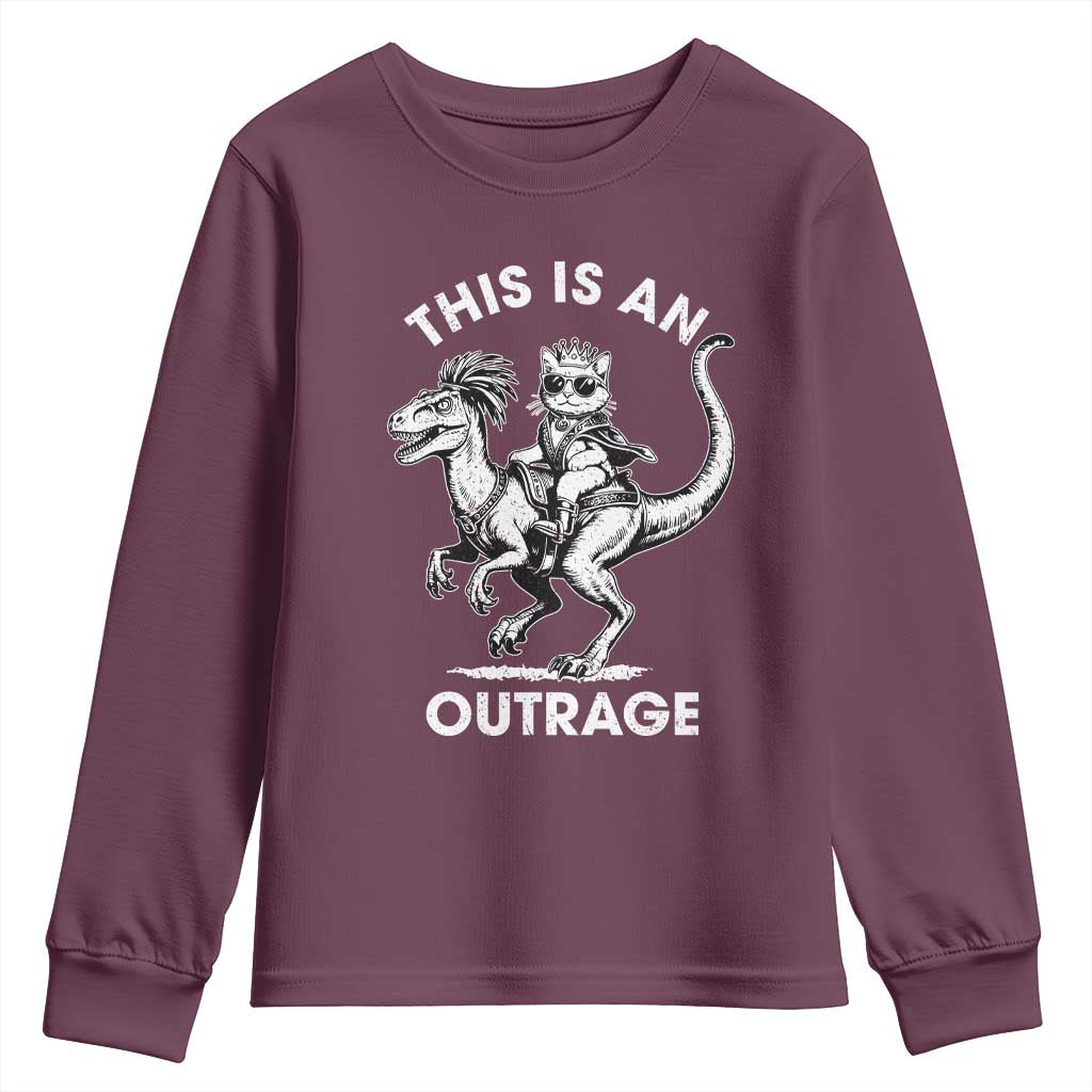 Dungeon Cat This Is An Outrage Youth Sweatshirt Funny Princess Cat Riding Dinosaur TS11 Maroon Print Your Wear