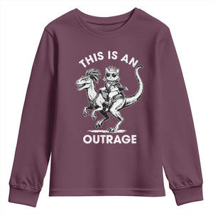 Dungeon Cat This Is An Outrage Youth Sweatshirt Funny Princess Cat Riding Dinosaur TS11 Maroon Print Your Wear