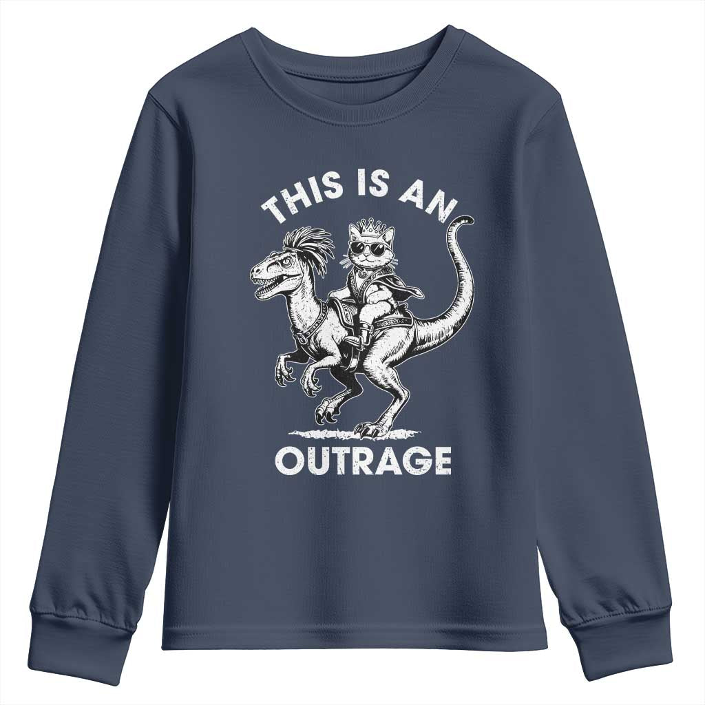 Dungeon Cat This Is An Outrage Youth Sweatshirt Funny Princess Cat Riding Dinosaur TS11 Navy Print Your Wear