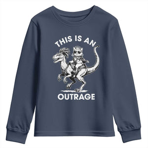 Dungeon Cat This Is An Outrage Youth Sweatshirt Funny Princess Cat Riding Dinosaur TS11 Navy Print Your Wear