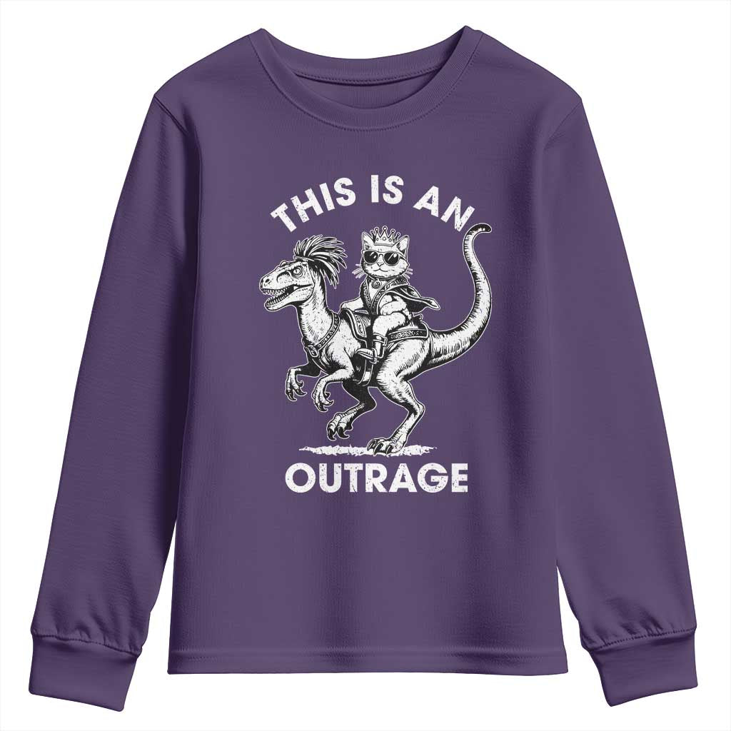 Dungeon Cat This Is An Outrage Youth Sweatshirt Funny Princess Cat Riding Dinosaur TS11 Purple Print Your Wear