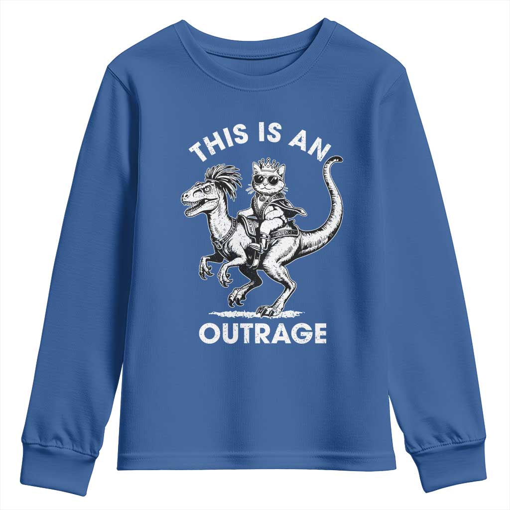 Dungeon Cat This Is An Outrage Youth Sweatshirt Funny Princess Cat Riding Dinosaur TS11 Royal Blue Print Your Wear
