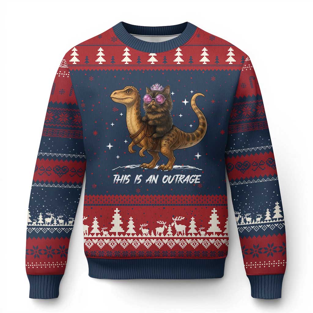 Dungeon Cat This Is An Outrage Ugly Christmas Sweater Funny Princess Kitten Dinosaur TS11 Navy Red Print Your Wear
