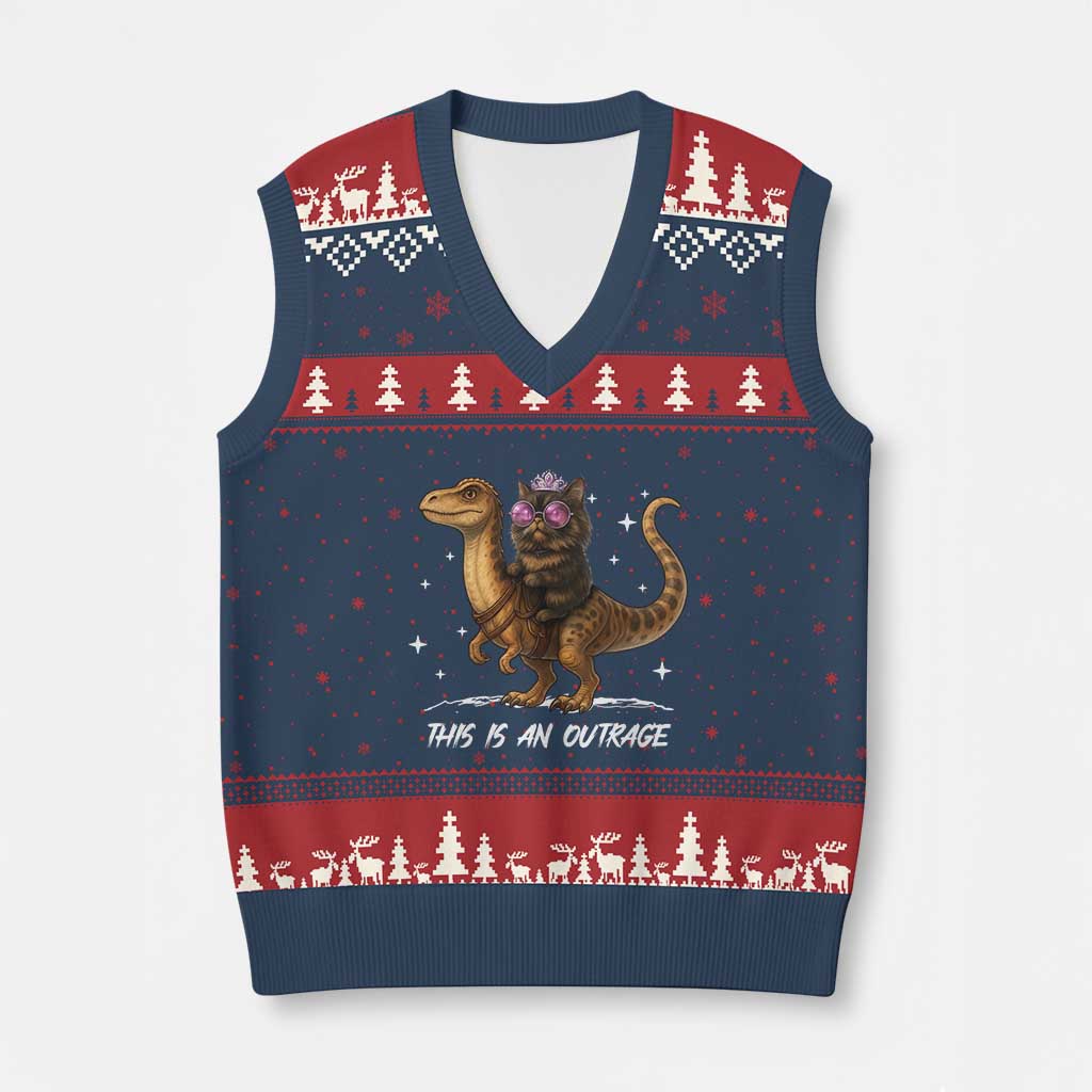 Dungeon Cat This Is An Outrage V-Neck Knit Sweater Vest Funny Princess Kitten Dinosaur TS11 Navy Red Print Your Wear