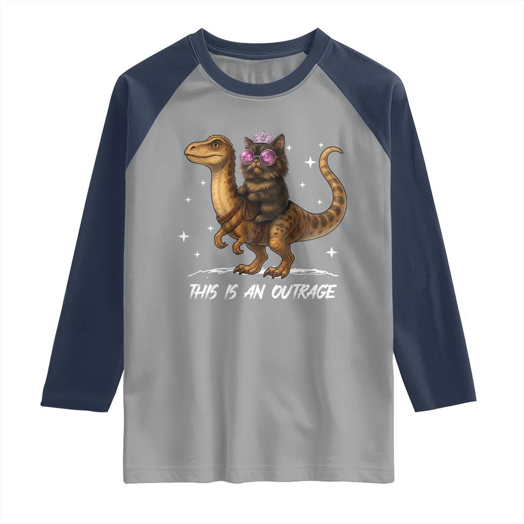 Dungeon Cat This Is An Outrage Raglan Shirt Funny Princess Kitten Dinosaur TS11 Sport Gray Navy Print Your Wear