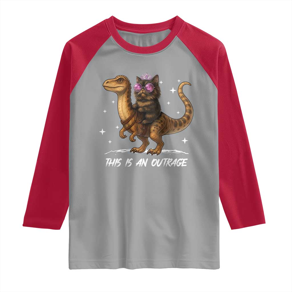 Dungeon Cat This Is An Outrage Raglan Shirt Funny Princess Kitten Dinosaur TS11 Sport Gray Red Print Your Wear