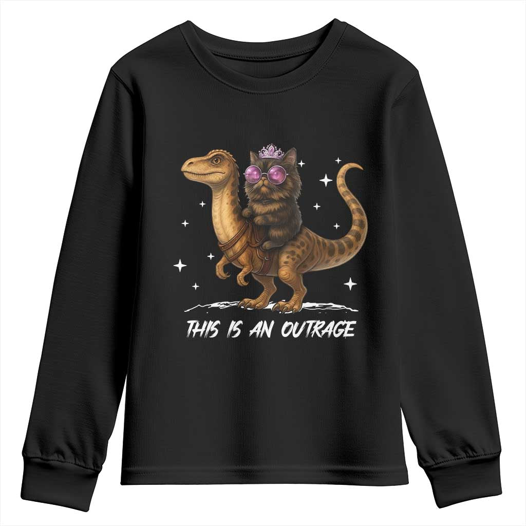 Dungeon Cat This Is An Outrage Youth Sweatshirt Funny Princess Kitten Dinosaur TS11 Black Print Your Wear