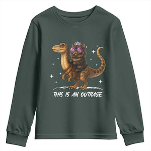Dungeon Cat This Is An Outrage Youth Sweatshirt Funny Princess Kitten Dinosaur TS11 Dark Forest Green Print Your Wear