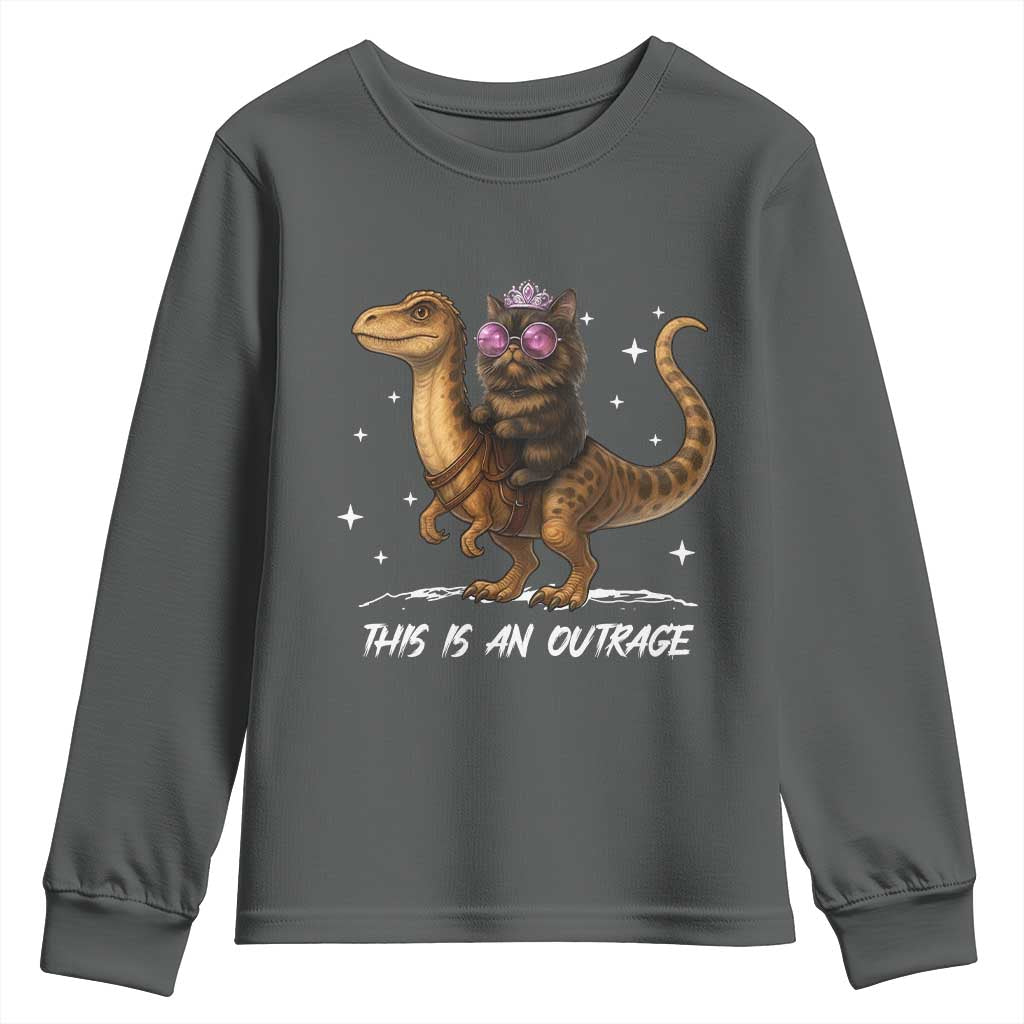 Dungeon Cat This Is An Outrage Youth Sweatshirt Funny Princess Kitten Dinosaur TS11 Dark Heather Print Your Wear