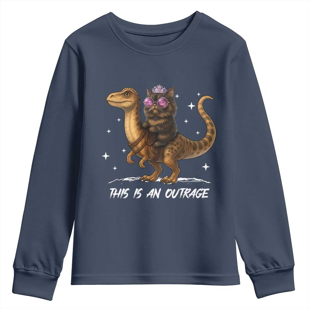 Dungeon Cat This Is An Outrage Youth Sweatshirt Funny Princess Kitten Dinosaur TS11 Navy Print Your Wear