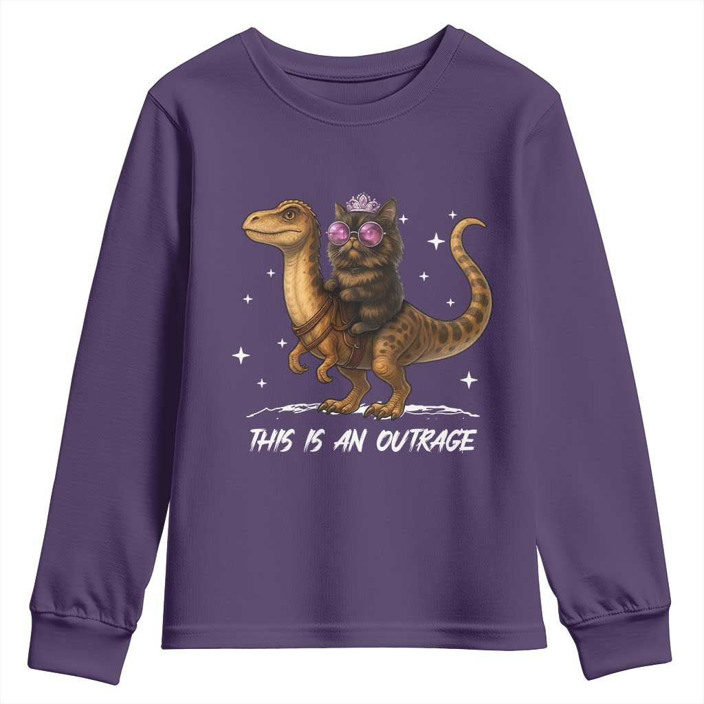 Dungeon Cat This Is An Outrage Youth Sweatshirt Funny Princess Kitten Dinosaur TS11 Purple Print Your Wear