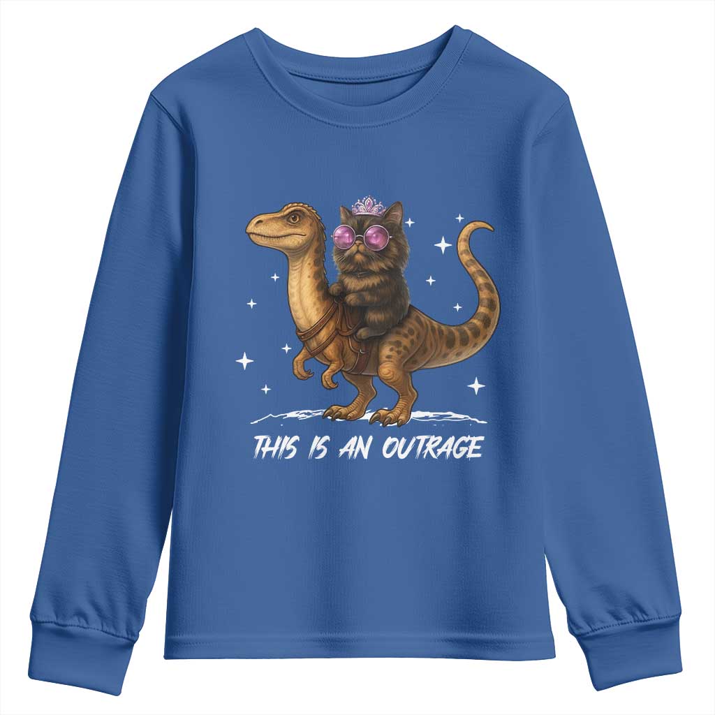 Dungeon Cat This Is An Outrage Youth Sweatshirt Funny Princess Kitten Dinosaur TS11 Royal Blue Print Your Wear
