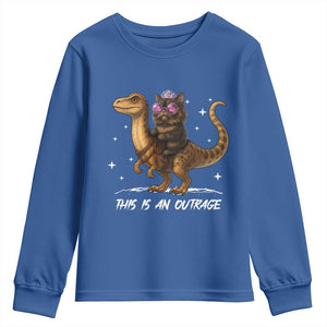 Dungeon Cat This Is An Outrage Youth Sweatshirt Funny Princess Kitten Dinosaur TS11 Royal Blue Print Your Wear