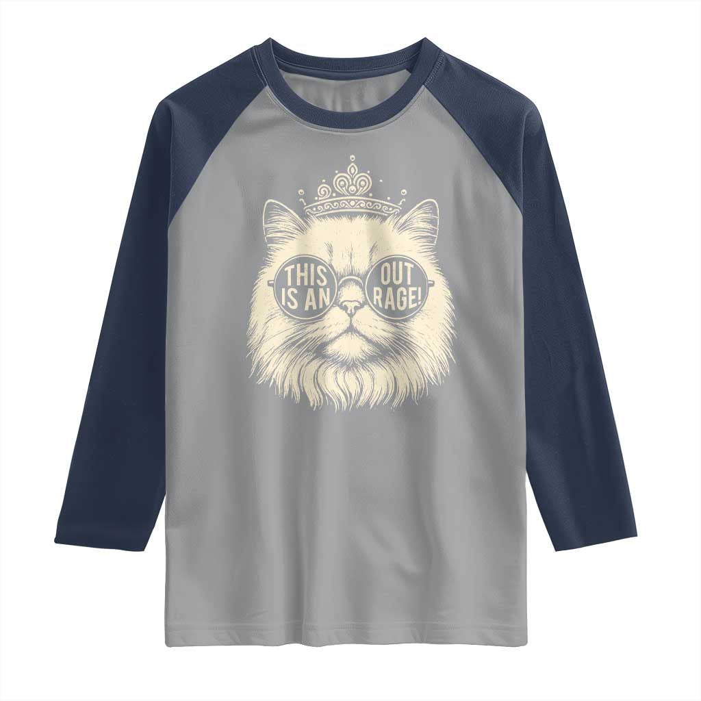 Dungeon Cat This Is An Outrage Raglan Shirt Funny Princess Kitten TS11 Sport Gray Navy Print Your Wear