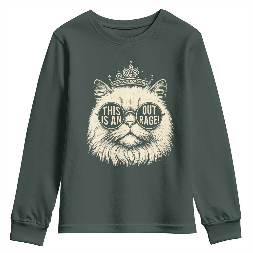 Dungeon Cat This Is An Outrage Youth Sweatshirt Funny Princess Kitten TS11 Dark Forest Green Print Your Wear
