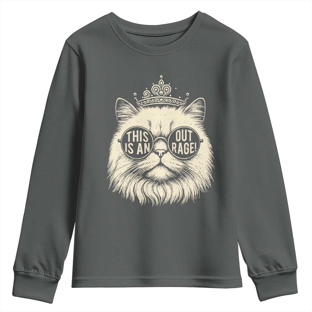 Dungeon Cat This Is An Outrage Youth Sweatshirt Funny Princess Kitten TS11 Dark Heather Print Your Wear