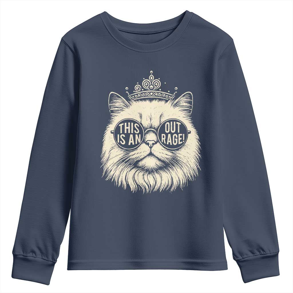 Dungeon Cat This Is An Outrage Youth Sweatshirt Funny Princess Kitten TS11 Navy Print Your Wear