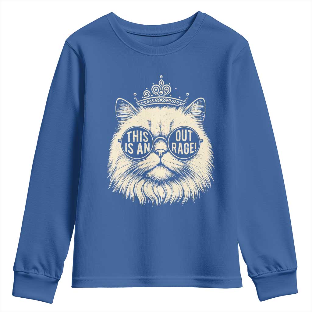 Dungeon Cat This Is An Outrage Youth Sweatshirt Funny Princess Kitten TS11 Royal Blue Print Your Wear