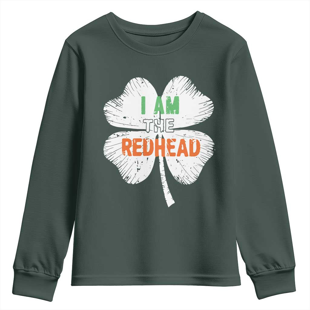 Funny Irish St Patrick's Day I Am The Redhead Youth Sweatshirt Vintage Clover Shamrock TS11 Dark Forest Green Print Your Wear