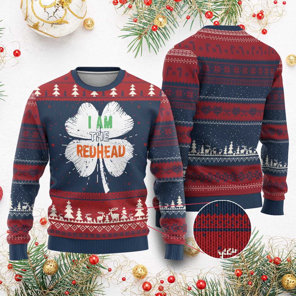 Funny Irish St Patrick's Day I Am The Redhead Knit Sweatshirt Vintage Clover Shamrock TS11 Burgundy Print Your Wear