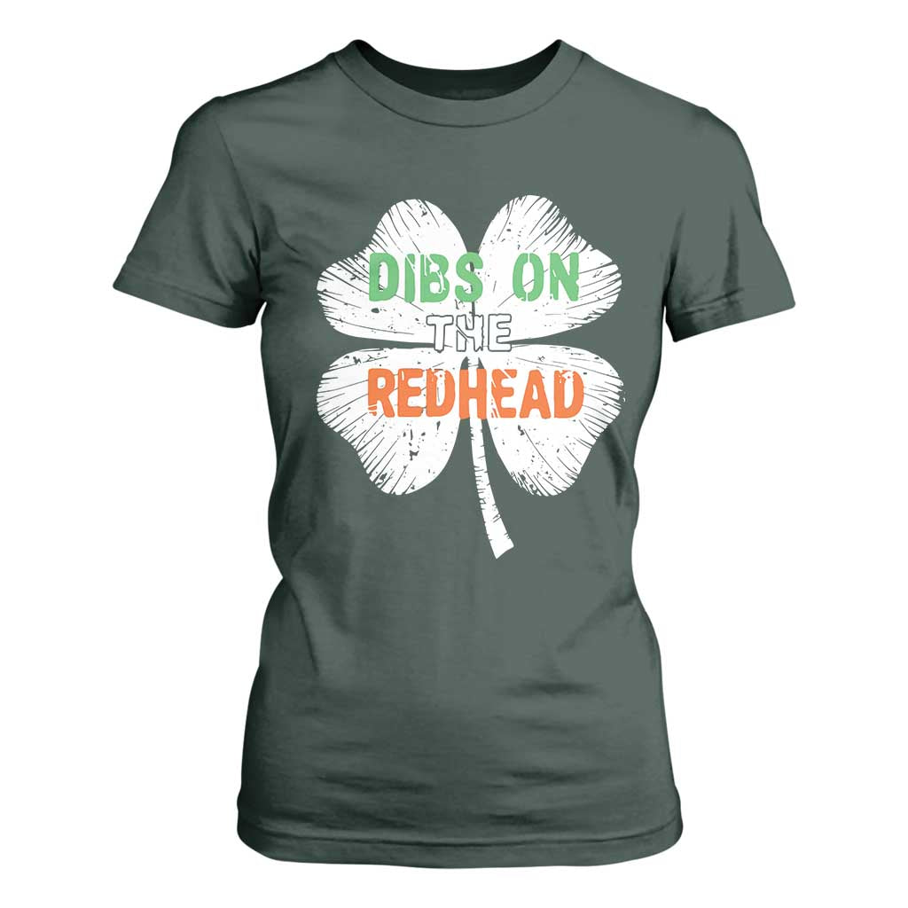 Funny Irish St Patrick's Day Dibs On The Redhead T Shirt For Women Vintage Clover Shamrock TS11 Dark Forest Green Print Your Wear
