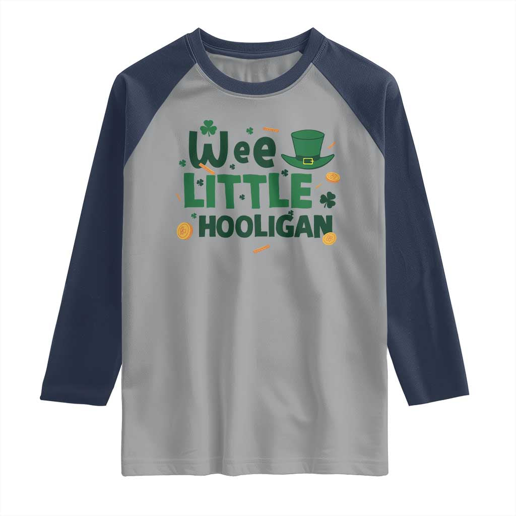 Funny St Patrick's Day Wee Little Hooligan Raglan Shirt Shamrock TS11 Sport Gray Navy Print Your Wear