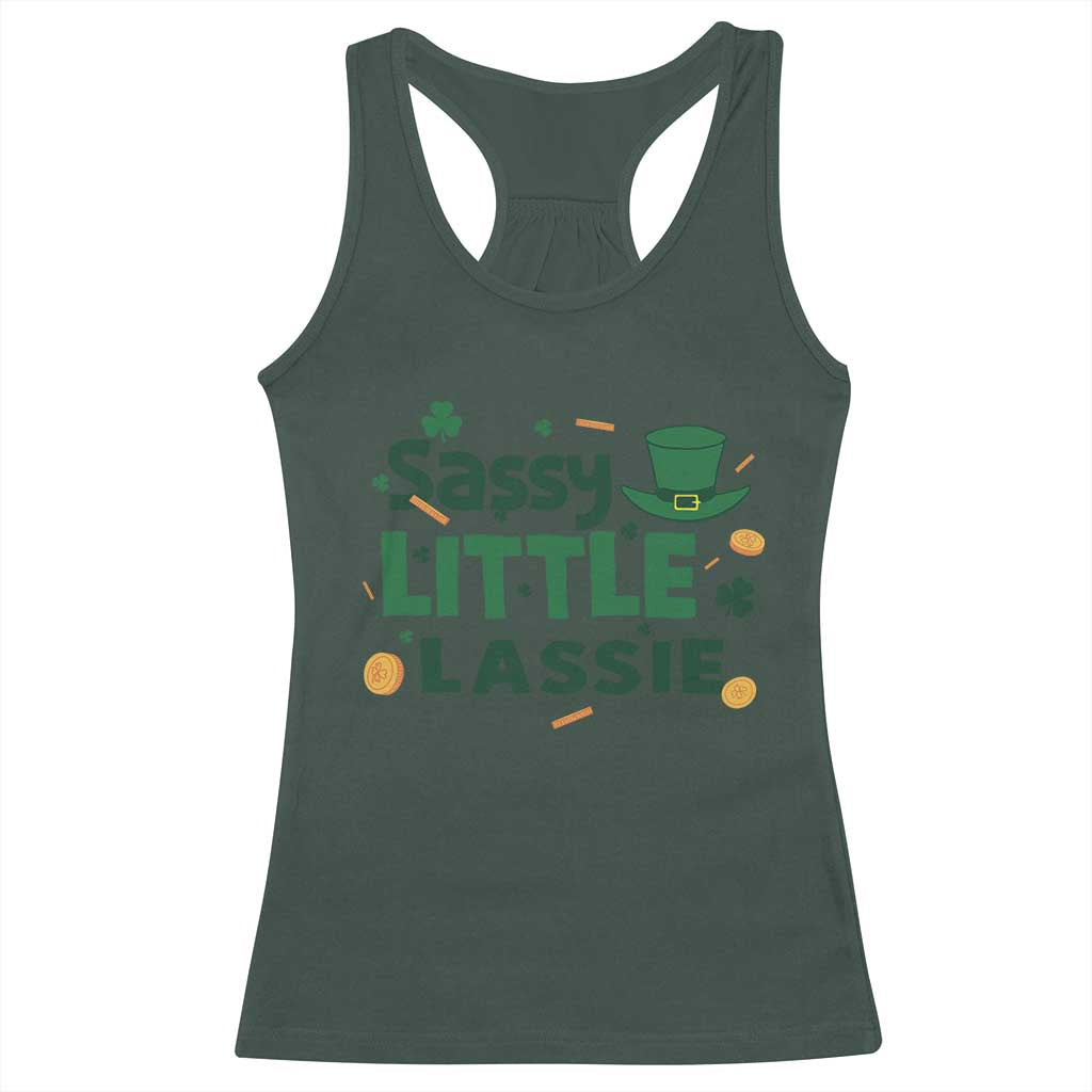 Funny St Patrick's Day Sassy Little Lassie Racerback Tank Top Shamrock TS11 Dark Forest Green Print Your Wear
