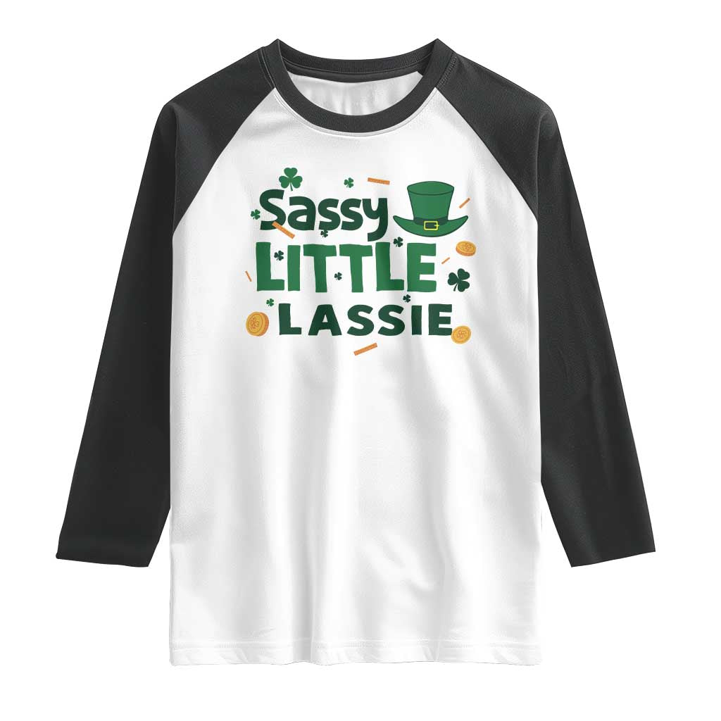 Funny St Patrick's Day Sassy Little Lassie Raglan Shirt Shamrock TS11 White Black Print Your Wear