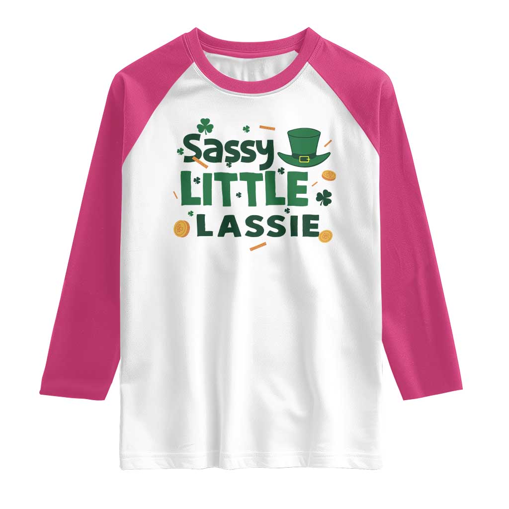 Funny St Patrick's Day Sassy Little Lassie Raglan Shirt Shamrock TS11 White Heliconia Print Your Wear