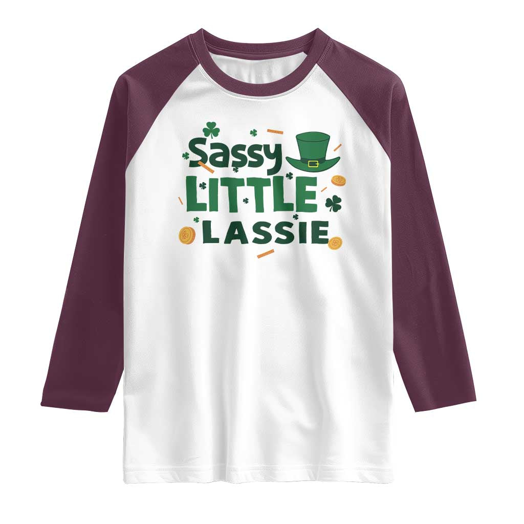 Funny St Patrick's Day Sassy Little Lassie Raglan Shirt Shamrock TS11 White Maroon Print Your Wear