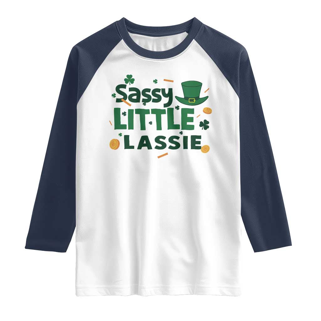 Funny St Patrick's Day Sassy Little Lassie Raglan Shirt Shamrock TS11 White Navy Print Your Wear
